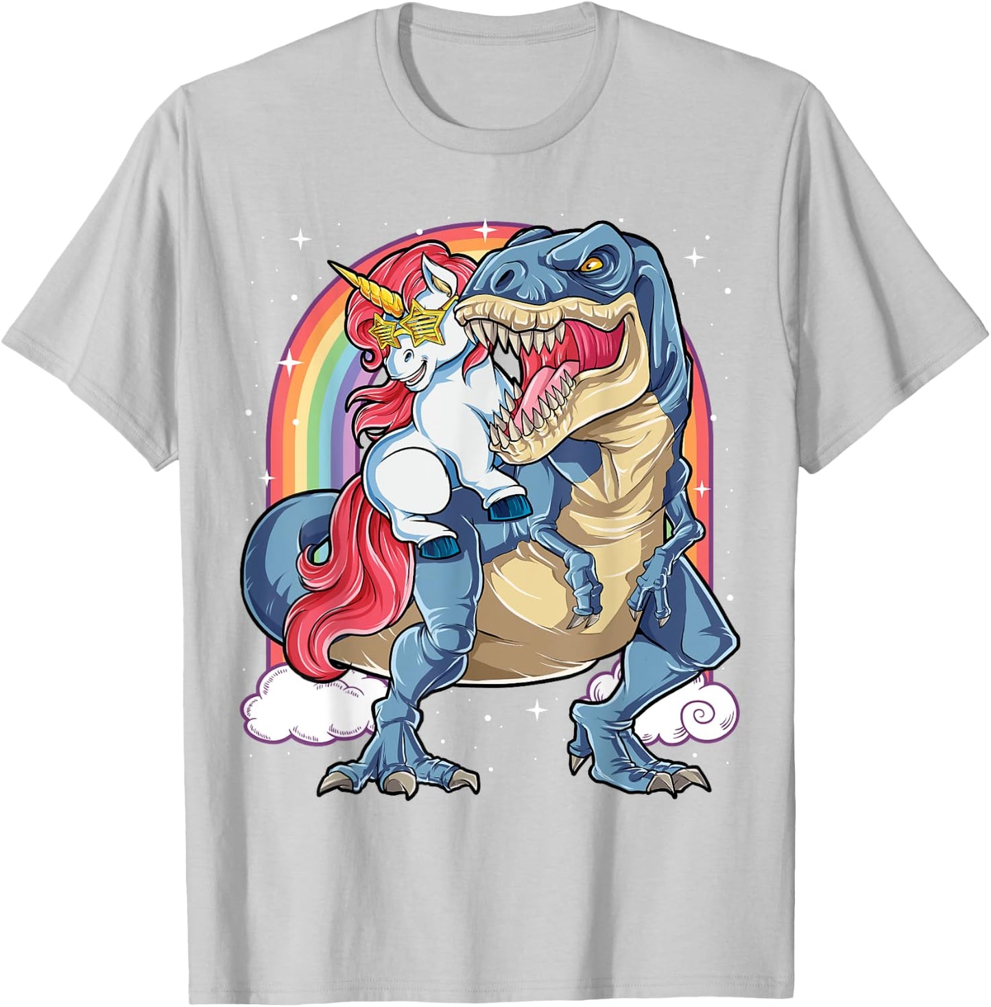 Unicorn Riding Dinosaur T rex Shirt Boys Girls Kids Rainbow T-Shirt - T-Shirt | Ash