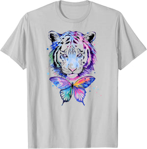 Beautiful White Tiger Colorful Butterfly Boho Art T-Shirt - T-Shirt | Ash
