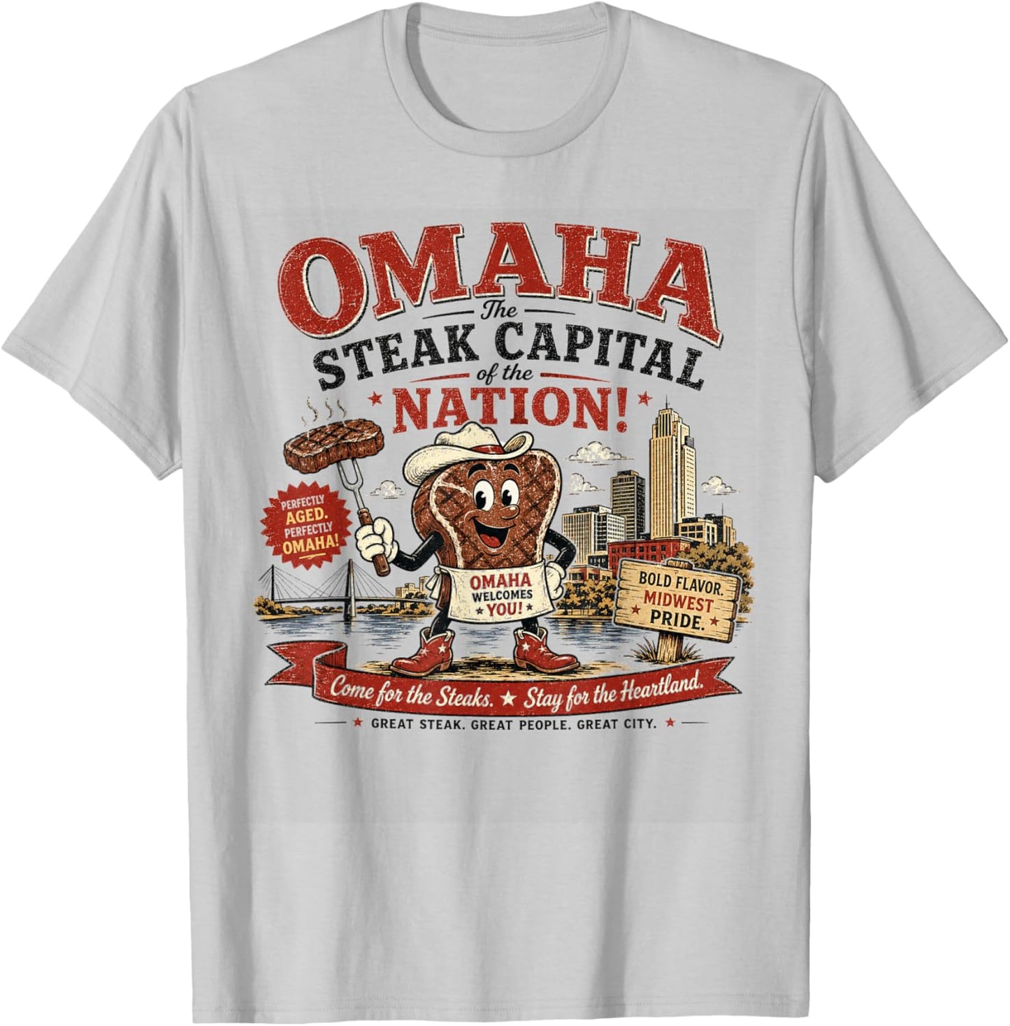 Omaha Nebraska Steak Capital - Vintage Cowboy Steak T-Shirt - T-Shirt | Ash