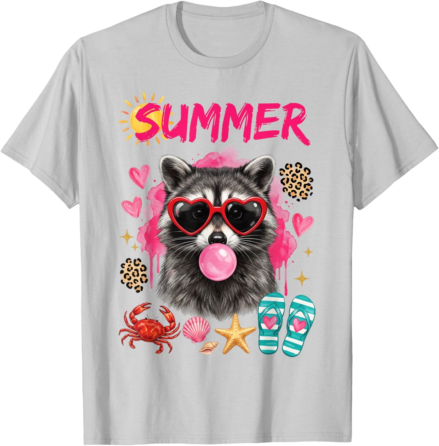 Summer Raccoon Beach Vacation Cute Retro Animal Graphic T-Shirt - T-Shirt | Ash