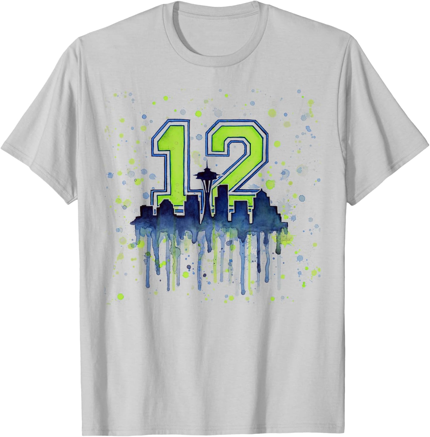 Seattle 12th Man | Space Needle Skyline Watercolor T-Shirt - T-Shirt | Ash