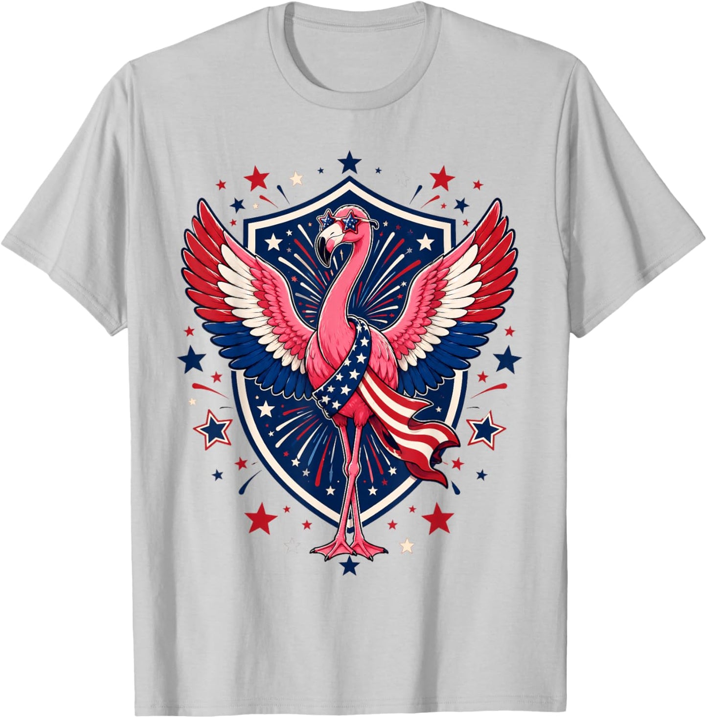 Patriotic Flamingo 4th of July USA American Flag Animal T-Shirt - T-Shirt | Ash