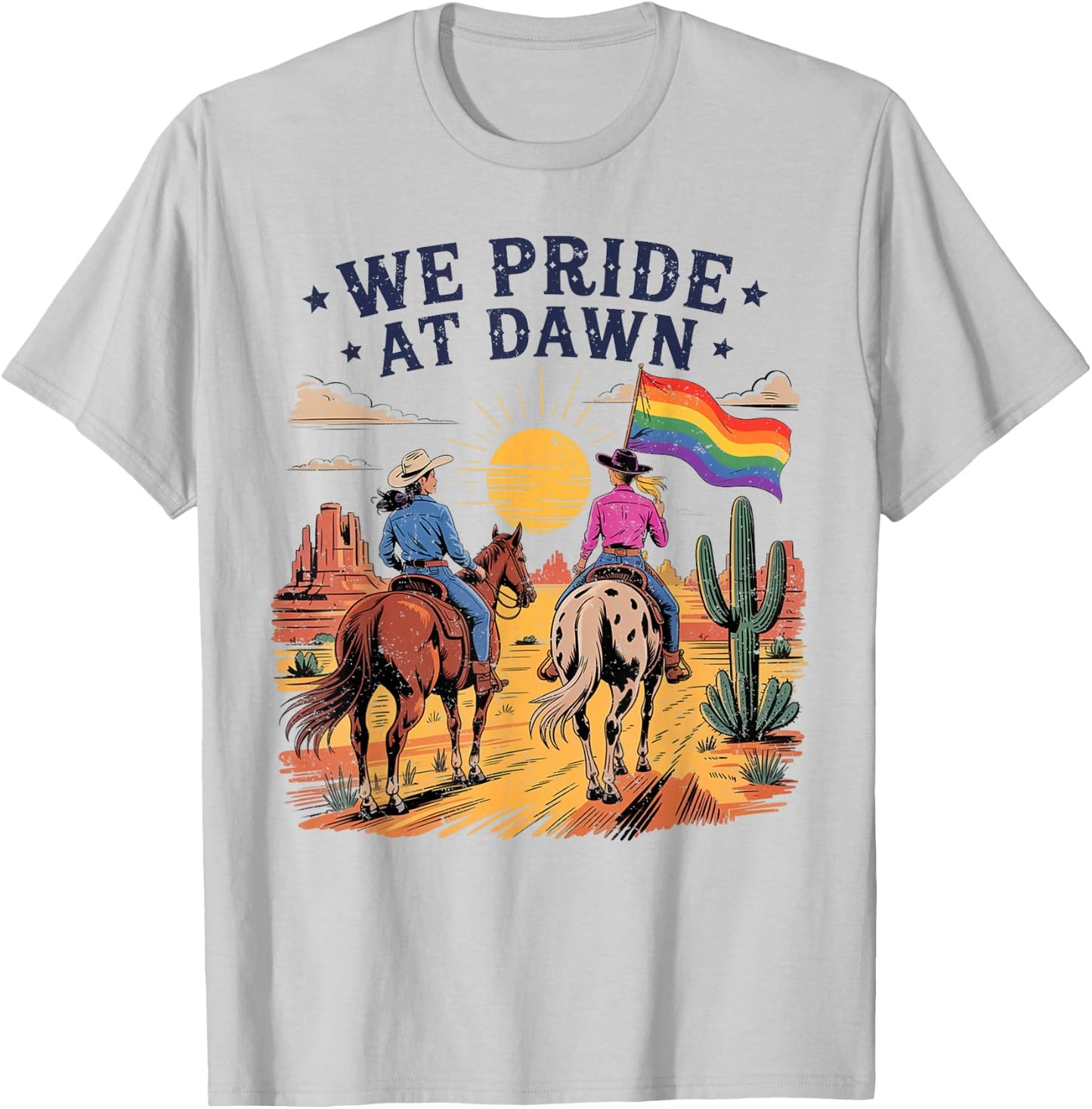 We Pride At Dawn Vintage Lesbian Pride Western LGBTQ Cowgirl T-Shirt - T-Shirt | Ash