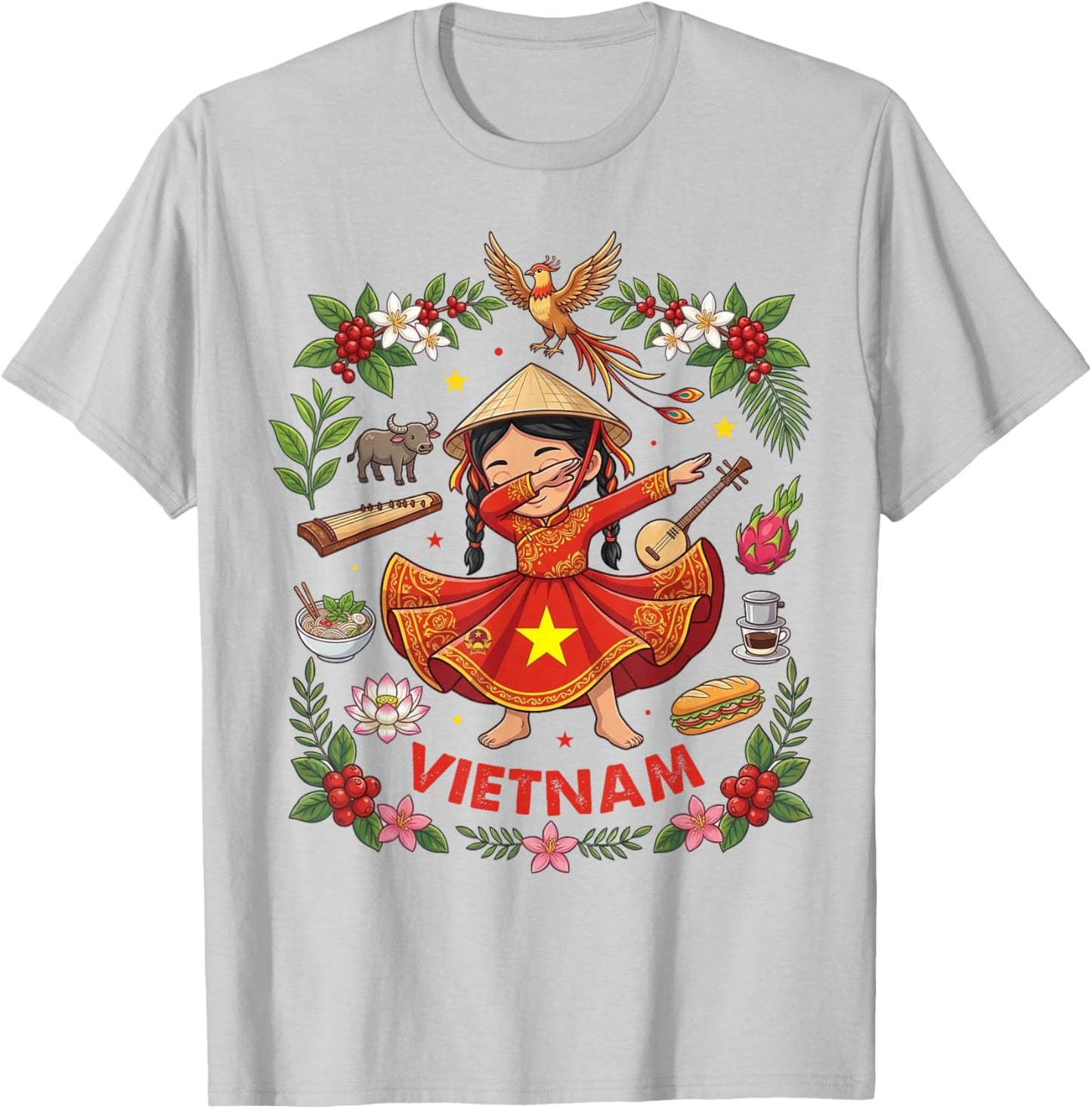 Dabbing Vietnam Girl Flag Dress Lotus Flowers Pride Heritage T-Shirt - T-Shirt | Ash