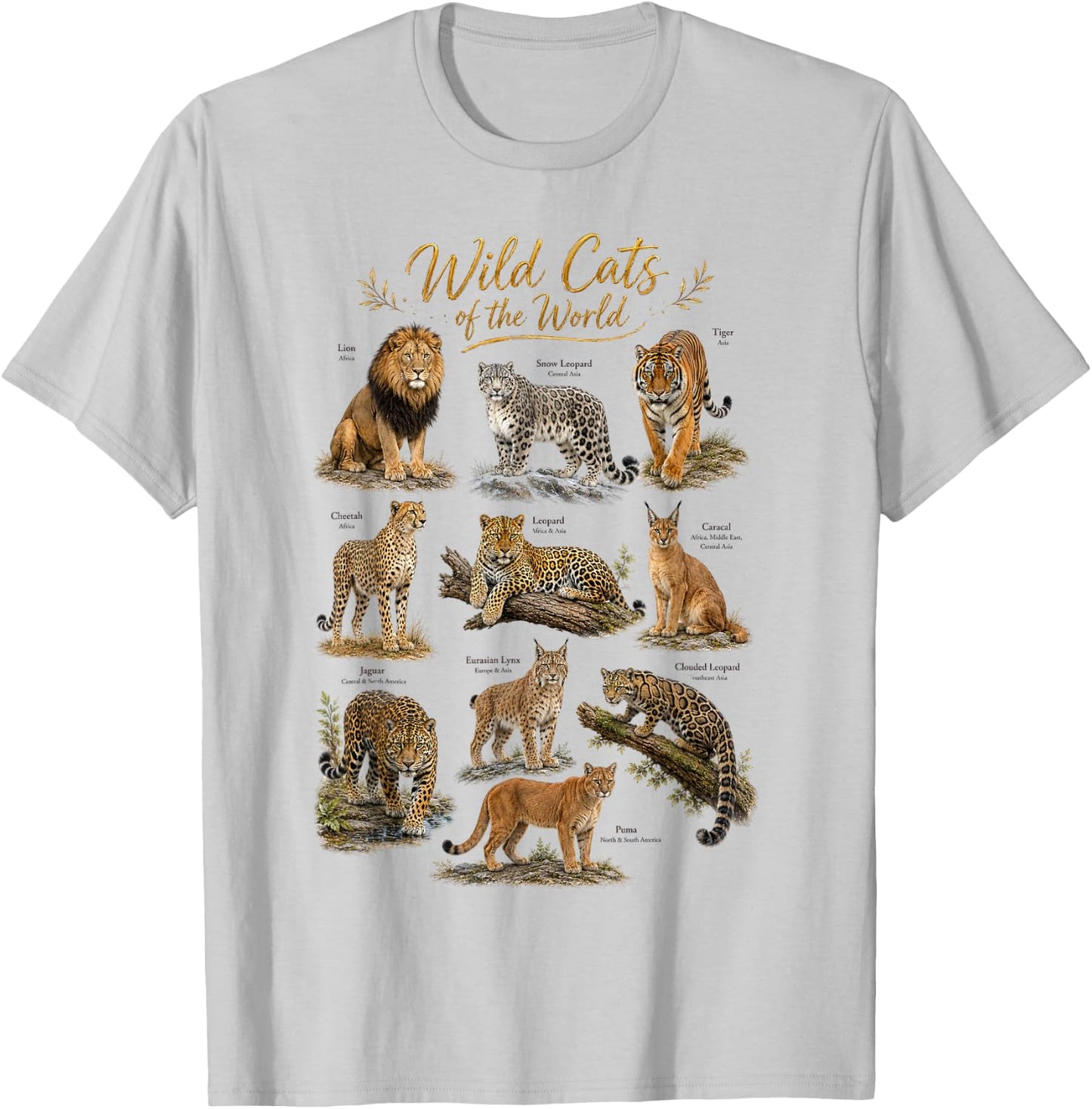 Wild Cats of The World Educational Wild Life Safari Animals T-Shirt - T-Shirt | Ash
