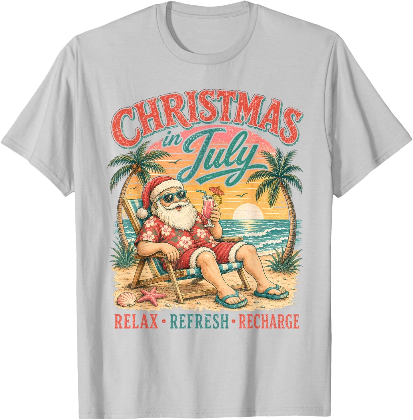 Christmas in July Relax Beach Santa Hawaiian Sunset Cruise T-Shirt - T-Shirt | Ash