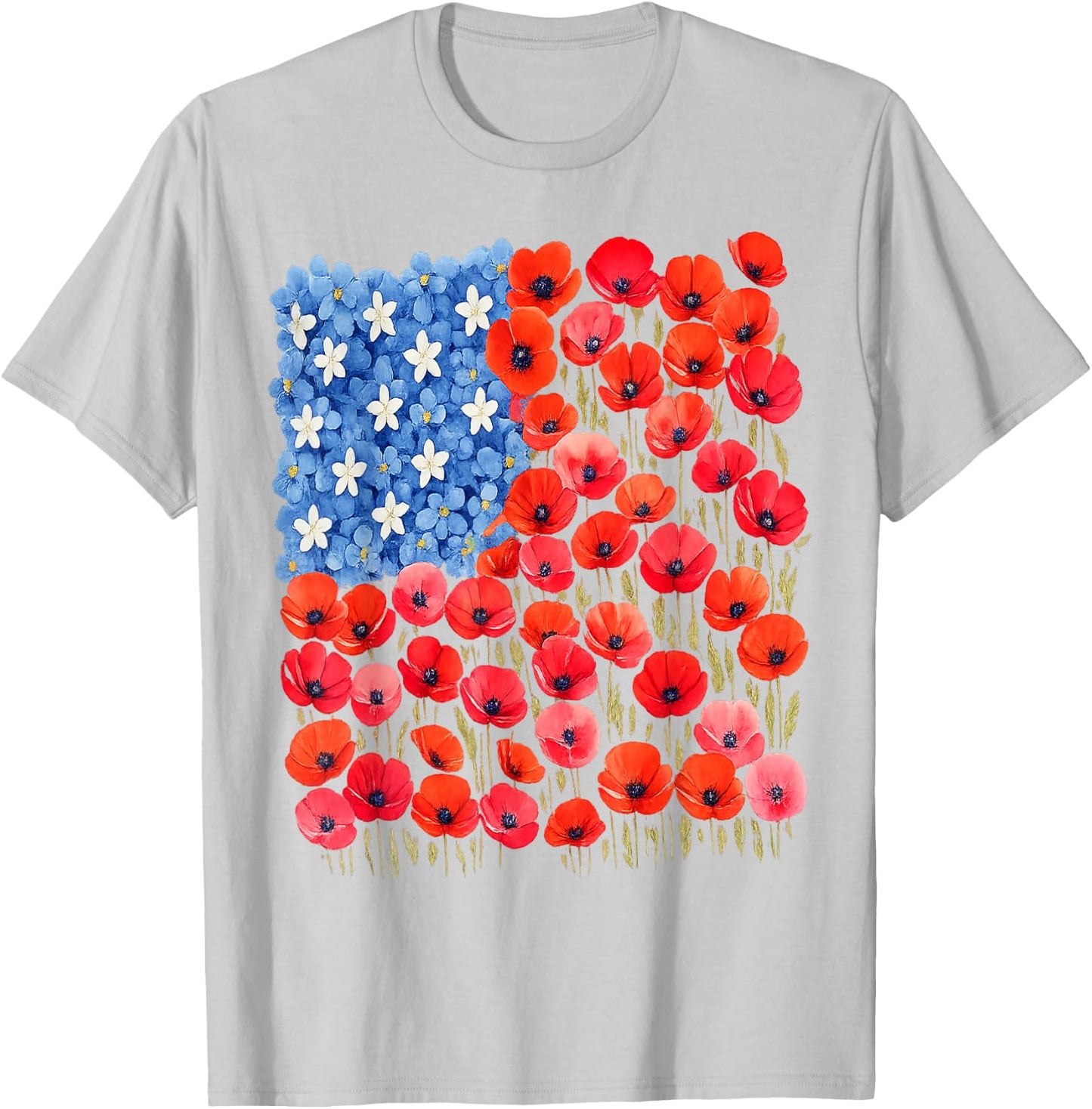 Patriotic Poppies & Hydrangeas Flowers in Floral US Flag T-Shirt - T-Shirt | Ash