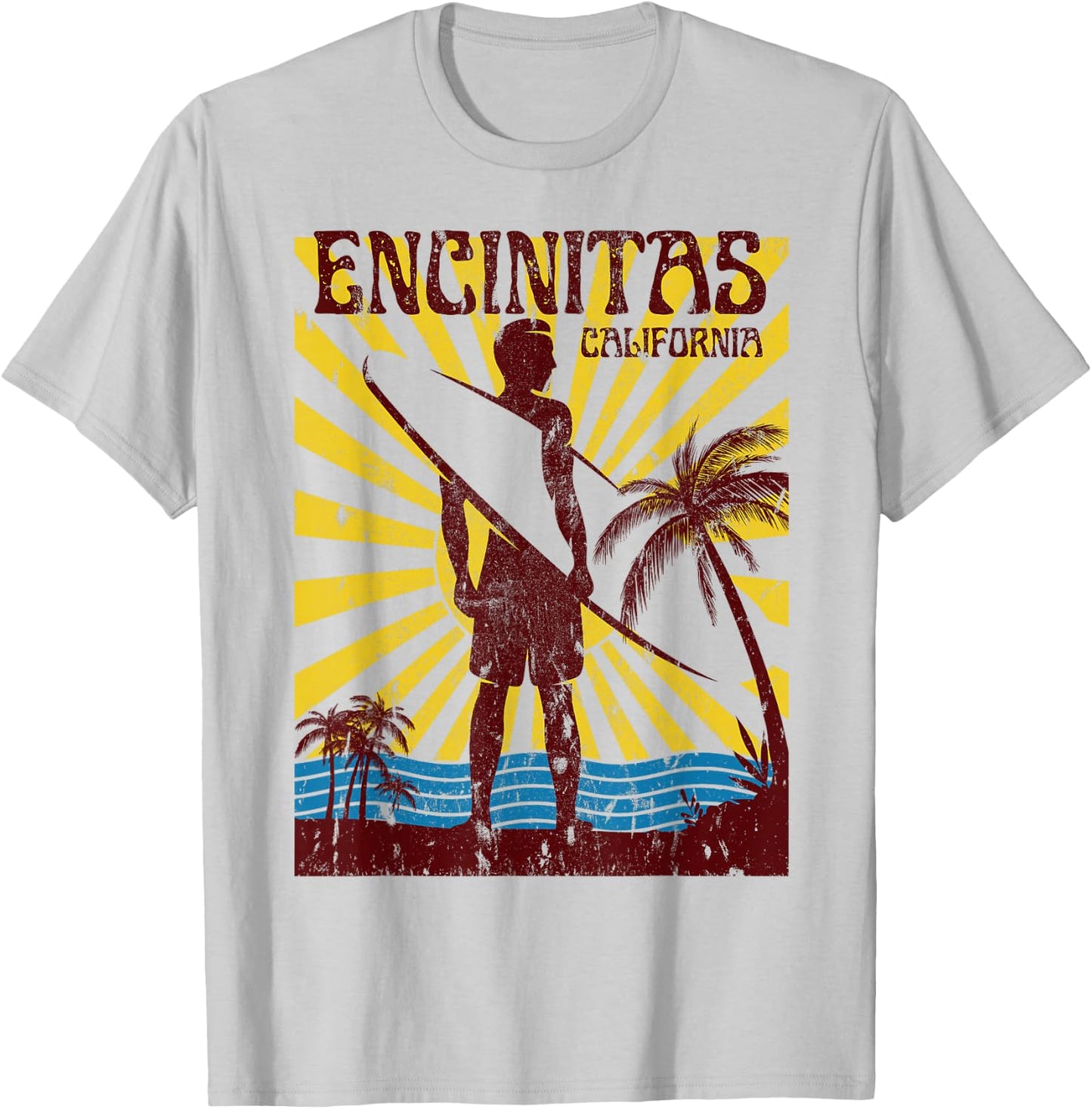 Encinitas Beach California Surfing Surf Ocean USA White Small Retro Surf T-Shirt - T-Shirt | Ash