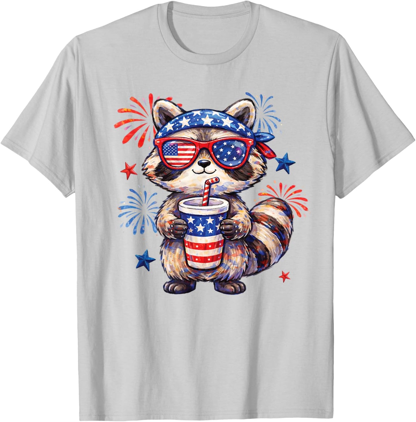 Cute Patriotic Raccoon Fireworks Fourth of July Animal Art T-Shirt - T-Shirt | Ash
