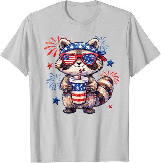 Cute Patriotic Raccoon Fireworks Fourth of July Animal Art T-Shirt - T-Shirt | Ash