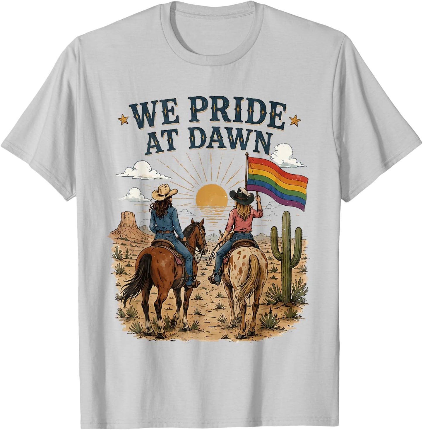 Vintage Rainbow We Pride At Dawn Western Cowgirl LGBTQ Gay T-Shirt - T-Shirt | Ash