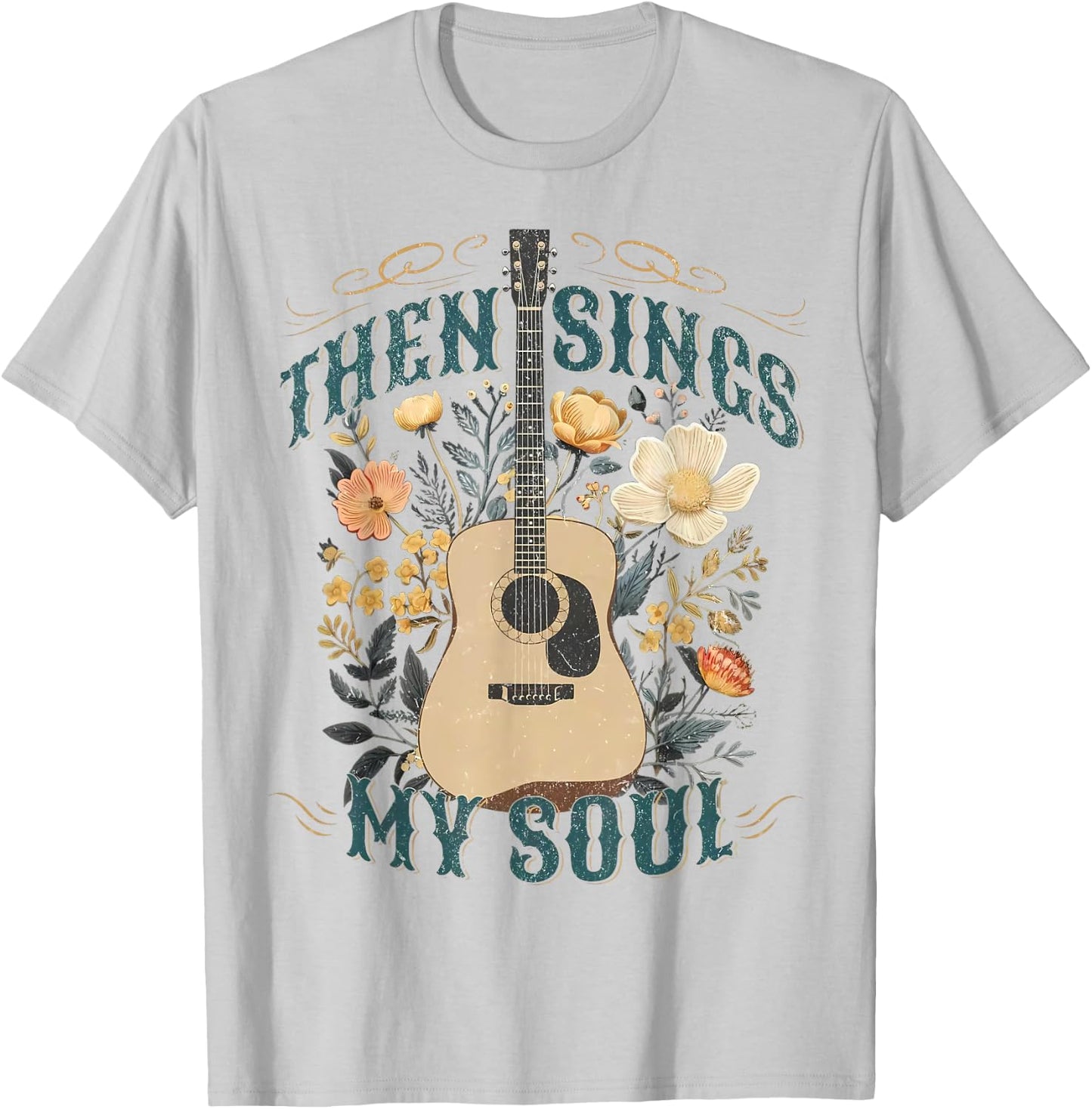 Vintage Floral Guitar Then Sings My Soul Christian Jesus T-Shirt - T-Shirt | Ash