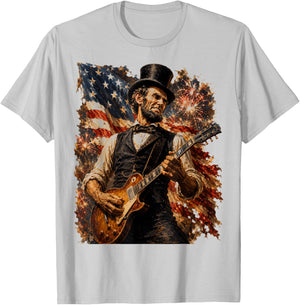 Abraham Lincoln Playing Guitar USA Flag 250 Anniversary T-Shirt - T-Shirt | Ash