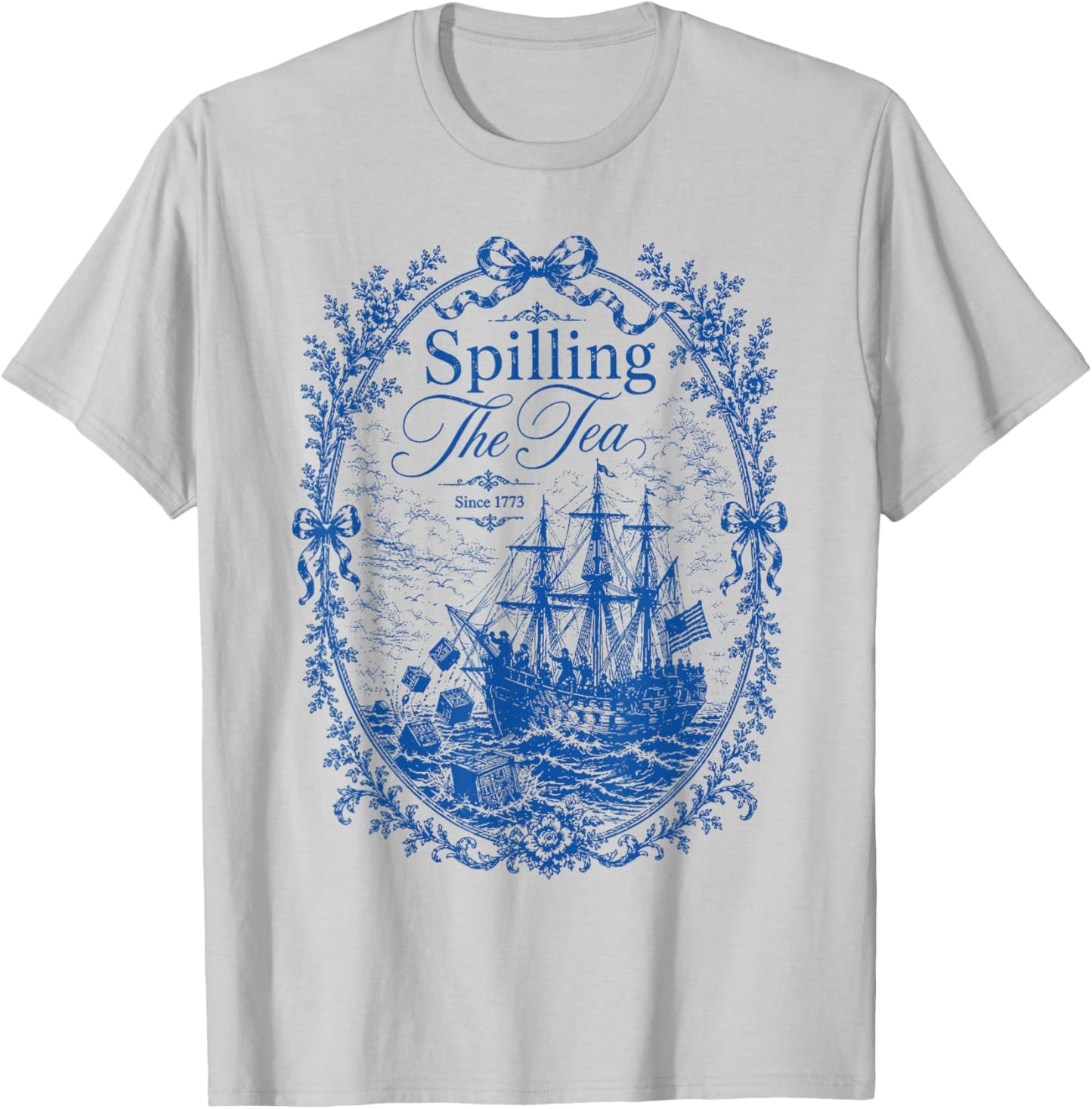 Blue Toile Spilling The Tea Since 1773 Party History Pun T-Shirt - T-Shirt | Ash