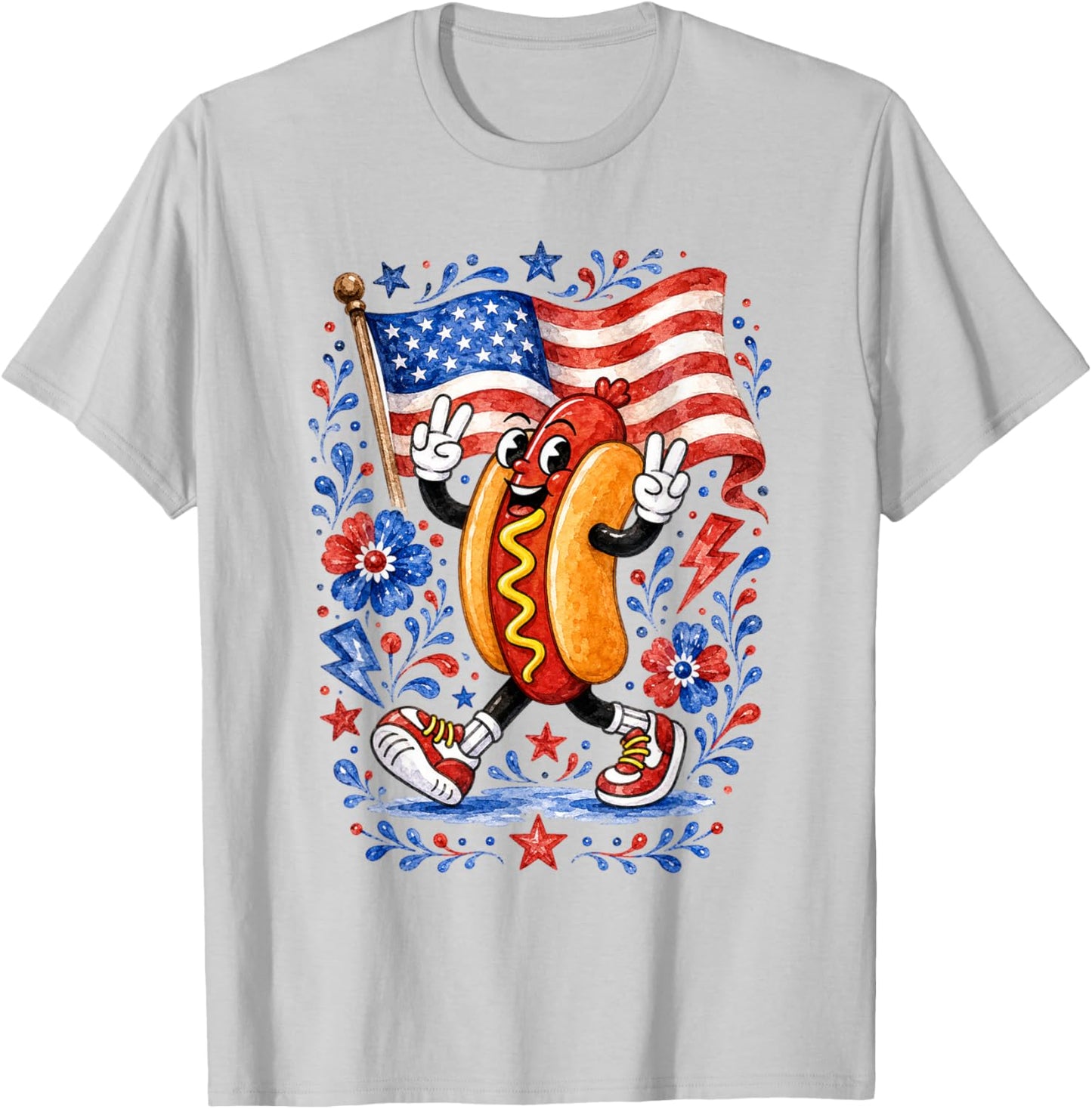 Patriotic Hot Dog Peace Sign USA Flag 4th of July T-Shirt - T-Shirt | Ash