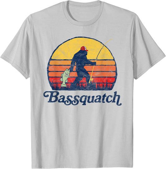Bassquatch! Funny Bigfoot Fishing Outdoor Retro T-Shirt - T-Shirt | Ash