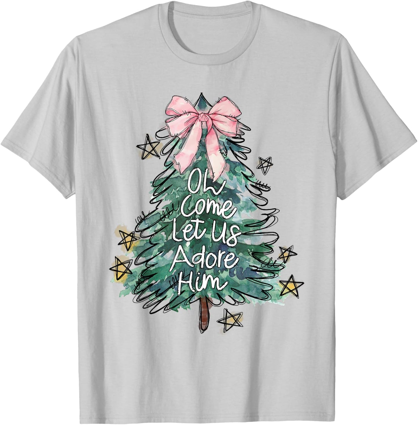 Oh Come Let Us Adore Him Christmas Grey Small Modern Lightweight Classic Fit Round Neck Short Sleeve T-Shirt - T-Shirt | Ash