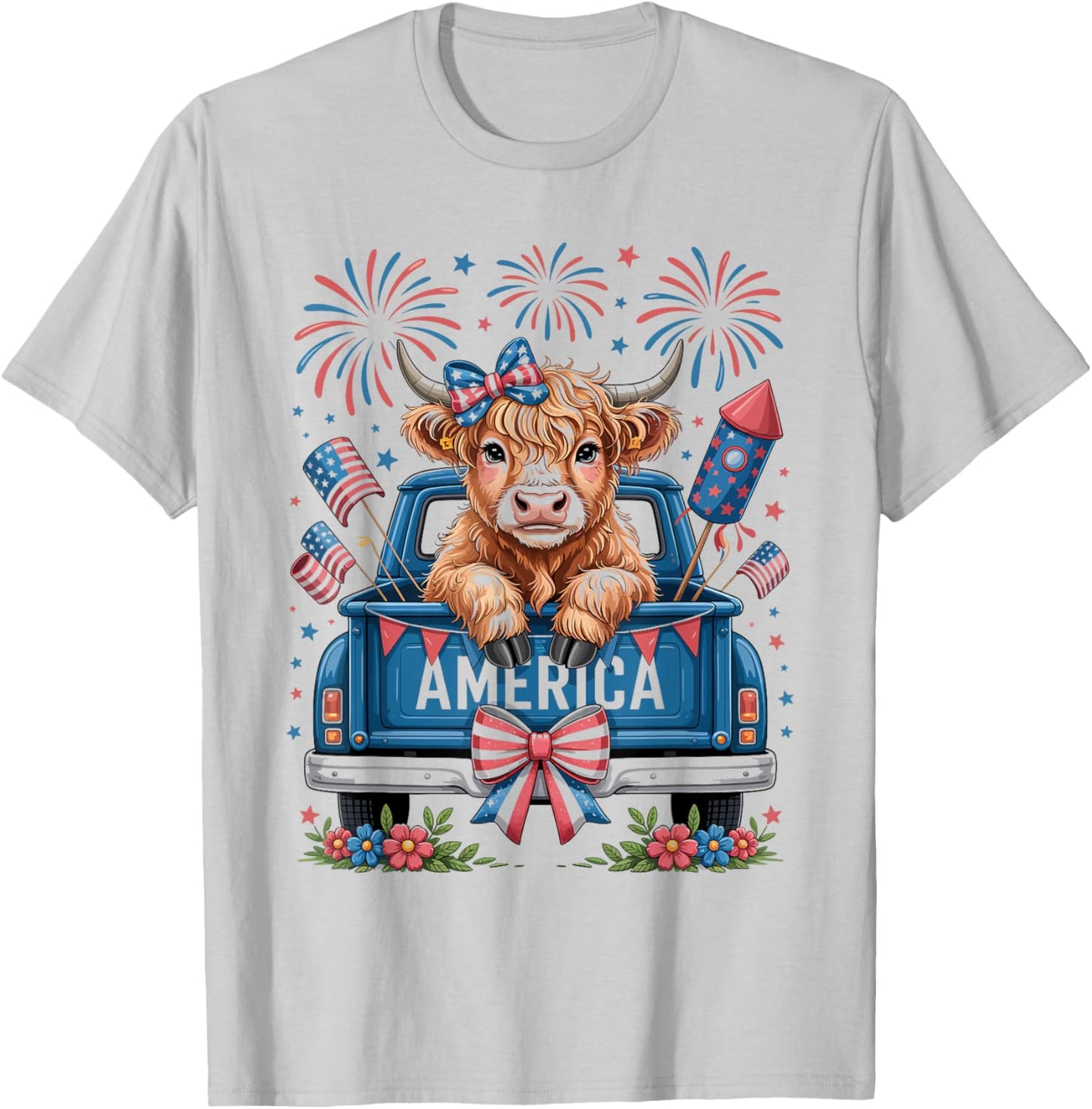 Coquette Highland Cow and Patriotic Truck 4th of July T-Shirt - T-Shirt | Ash