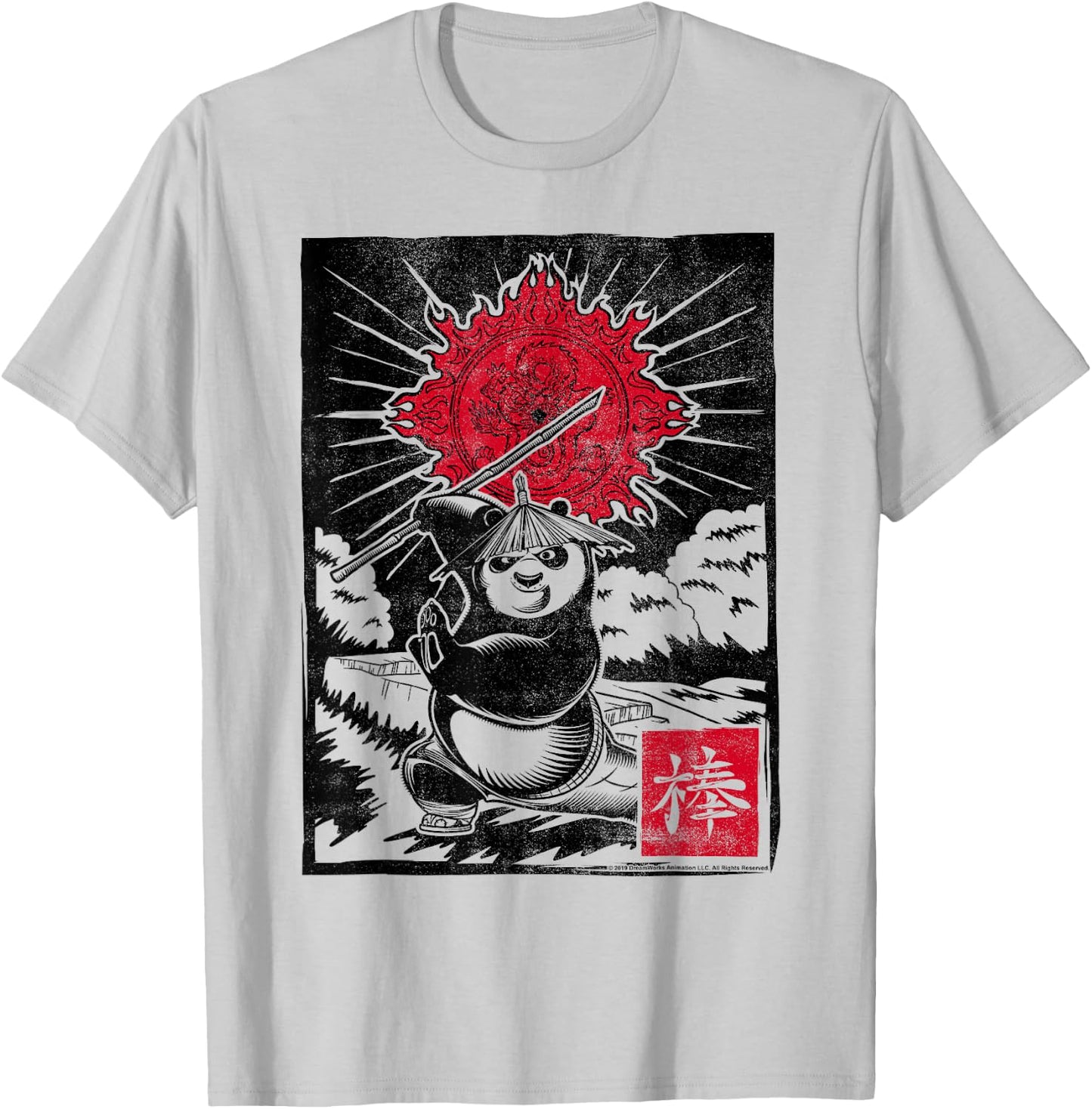 Kung Fu Panda Master Po Action Pose Woodcut Poster T-Shirt - T-Shirt | Ash