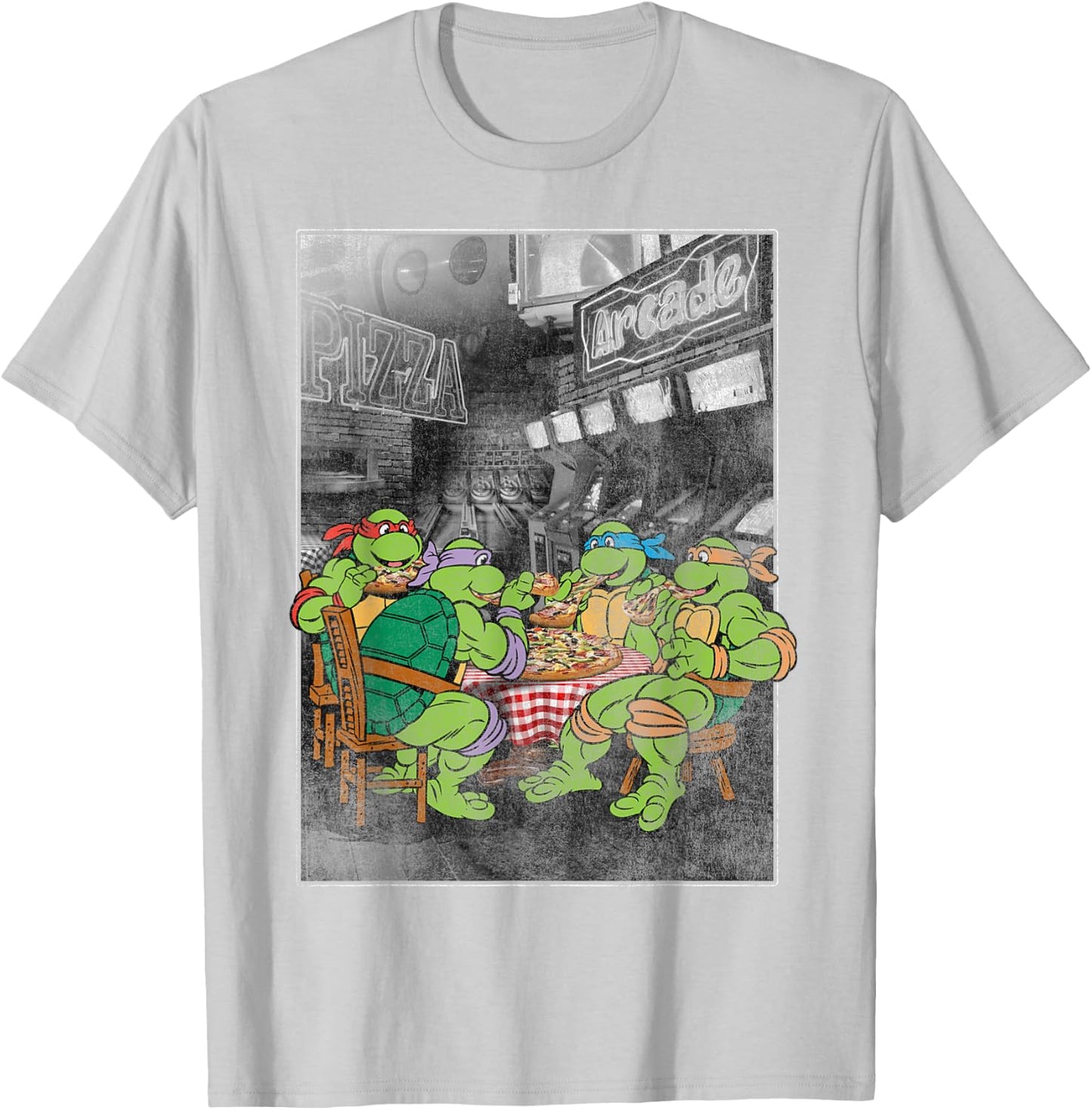 Teenage Mutant Ninja Turtles Pizza Eating And Arcade T-Shirt - T-Shirt | Ash