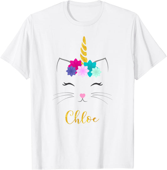 Chloe Name Shirt Cat Unicorn Personalized Birthday Gift T-Shirt - T-Shirt | White
