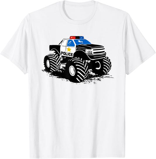 Children Crash Police Monster Truck Big Foot Crush T-Shirt - T-Shirt | White