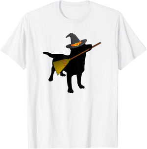 Funny Halloween Black Lab Dog Cute Witch Hat Broom T-Shirt - T-Shirt | White
