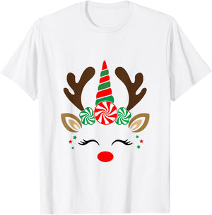 Christmas Reindeer Unicorn Face Cute Unicorn T-Shirt - T-Shirt | White