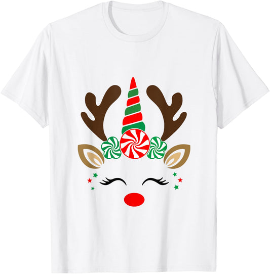 Christmas Reindeer Unicorn Face Cute Unicorn T-Shirt - T-Shirt | White