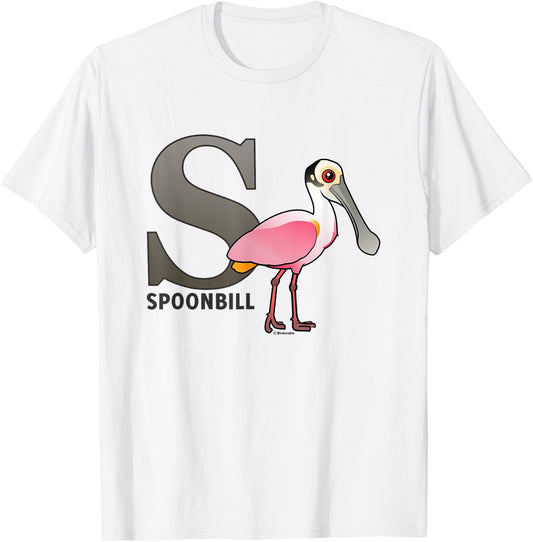S is for Spoonbill Cute Cartoon Bird Alphabet Gift T-Shirt - T-Shirt | White