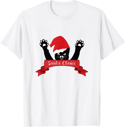 Santa Claws Cat Christmas , Xmas Red Gift Ribbon T-Shirt - T-Shirt | White