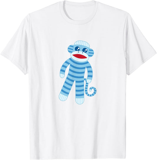 Cute Blue Striped Sock Monkey T-Shirt - T-Shirt | White