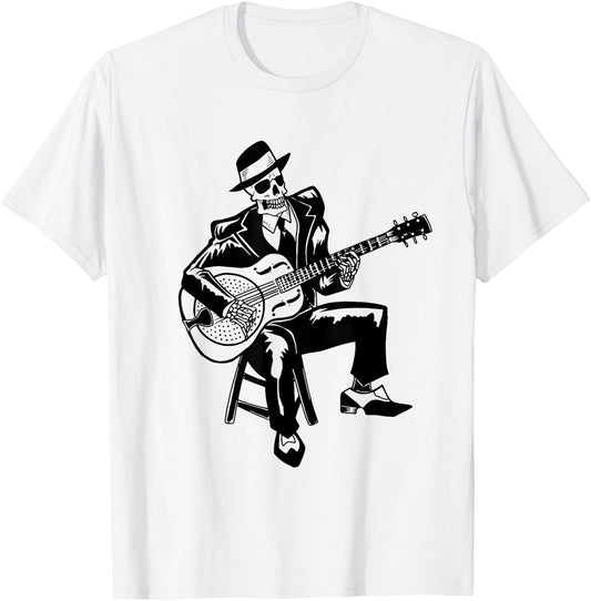 Skeleton Guitar Player Bluesman Vintage Blues Guitarist T-Shirt - T-Shirt | White