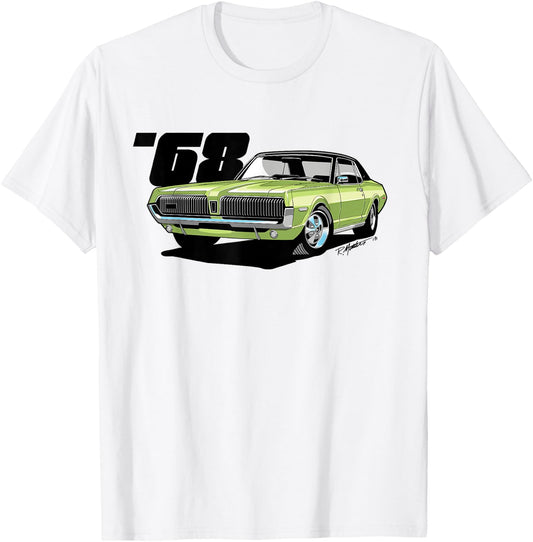 SpeedShift Art 1968 Mercury Cougar Graphic - Women's Adults Lime Frost Green Classic Fit Short Sleeve - Small T-Shirt - T-Shirt | White