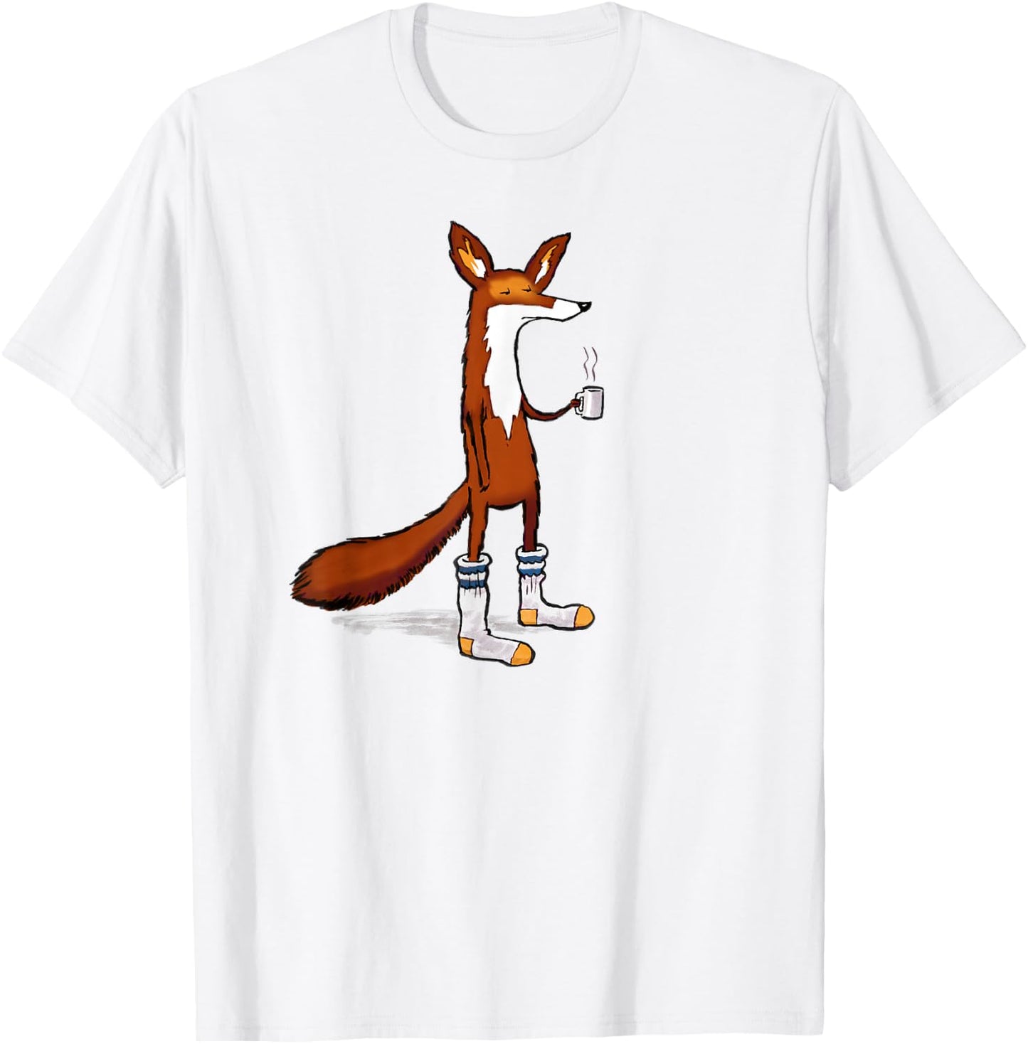 Fox Drinking Coffee Wearing Tube Socks - Funny T-Shirt - T-Shirt | White