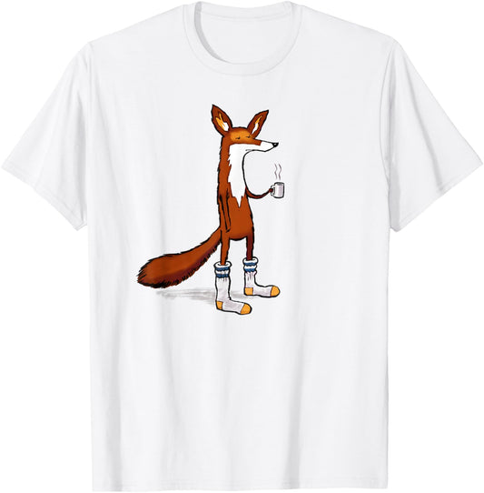 Fox Drinking Coffee Wearing Tube Socks - Funny T-Shirt - T-Shirt | White