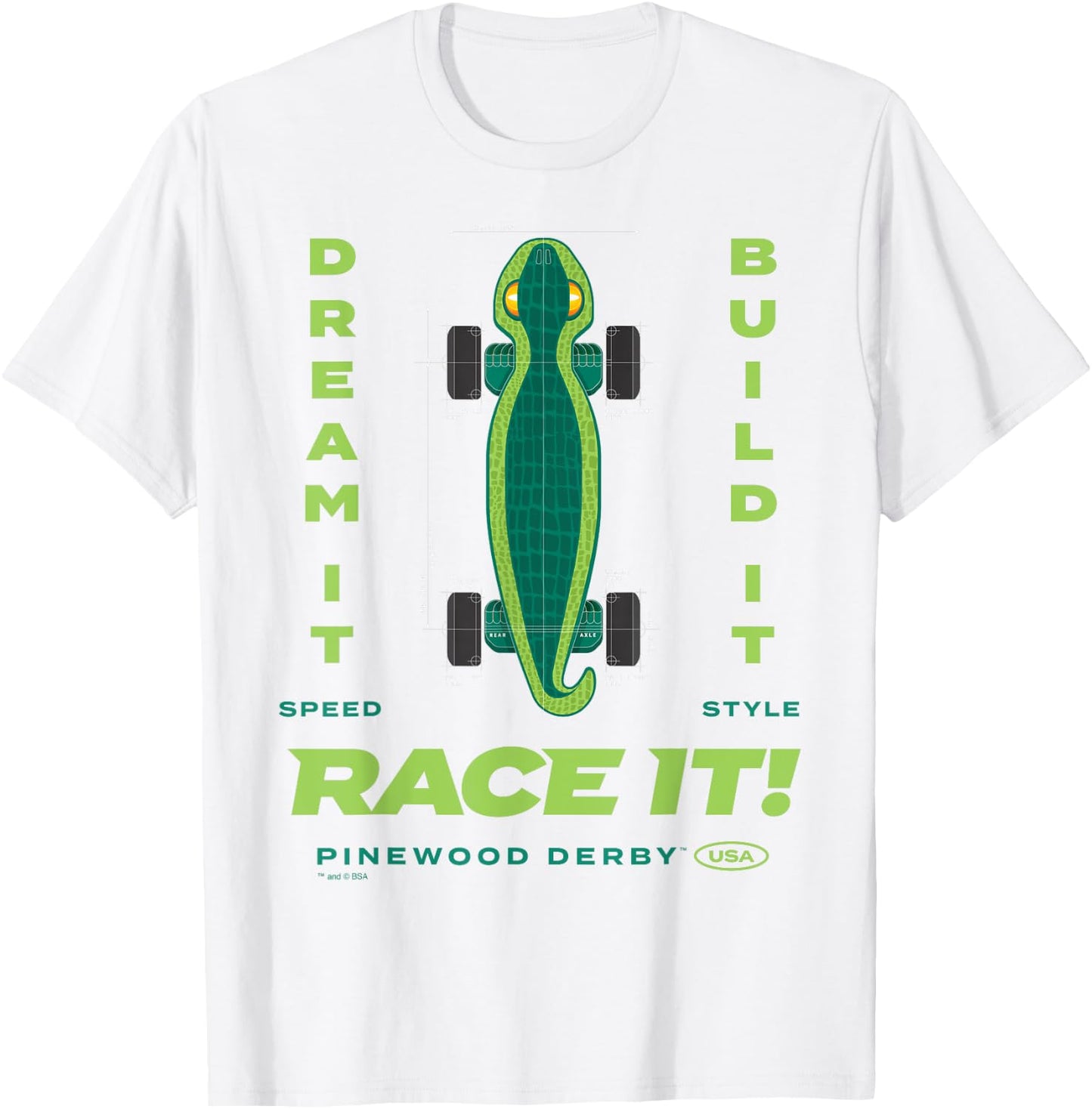 Scouting America Boys Pinewood Derby Lizard , Green, Small T-Shirt - T-Shirt | White