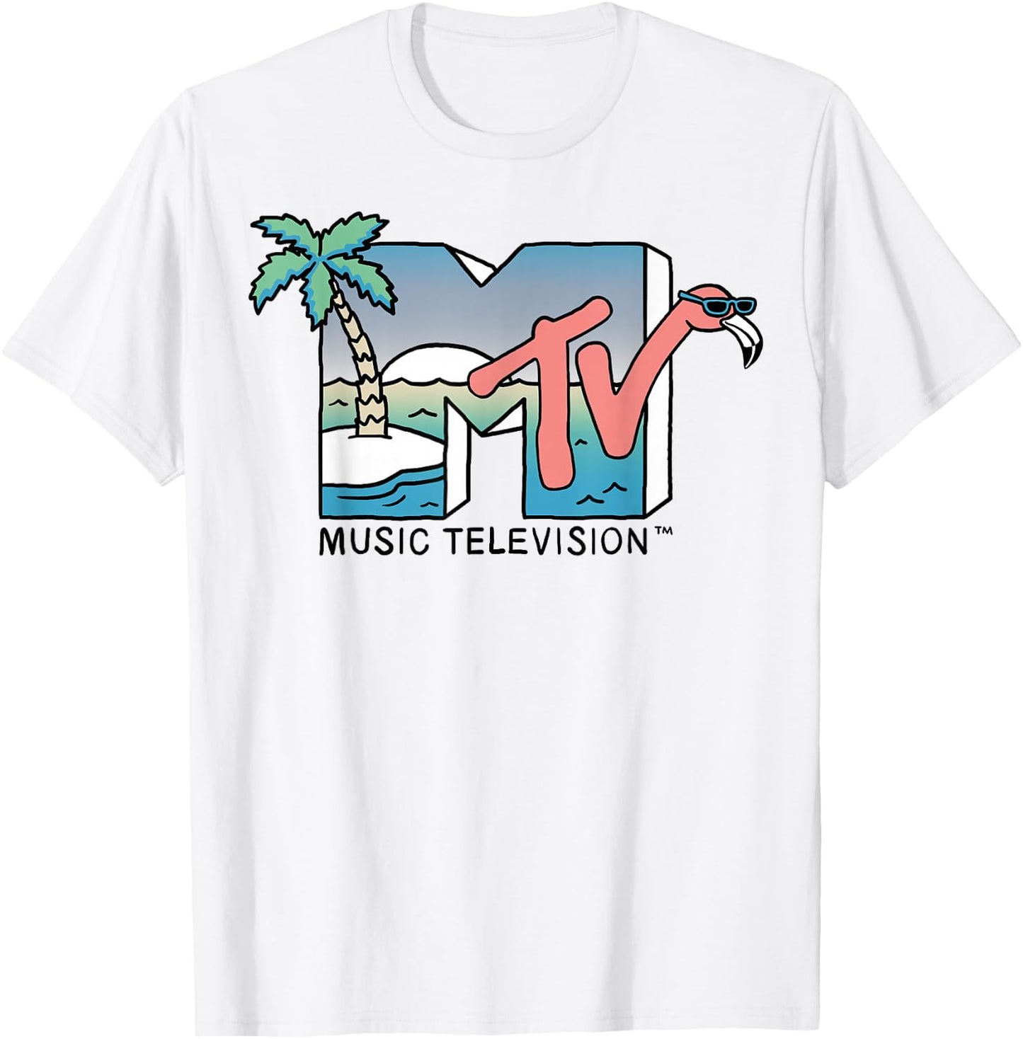 MTV Beachy Flamingo Scene Retro Logo Graphic T-Shirt - T-Shirt | White