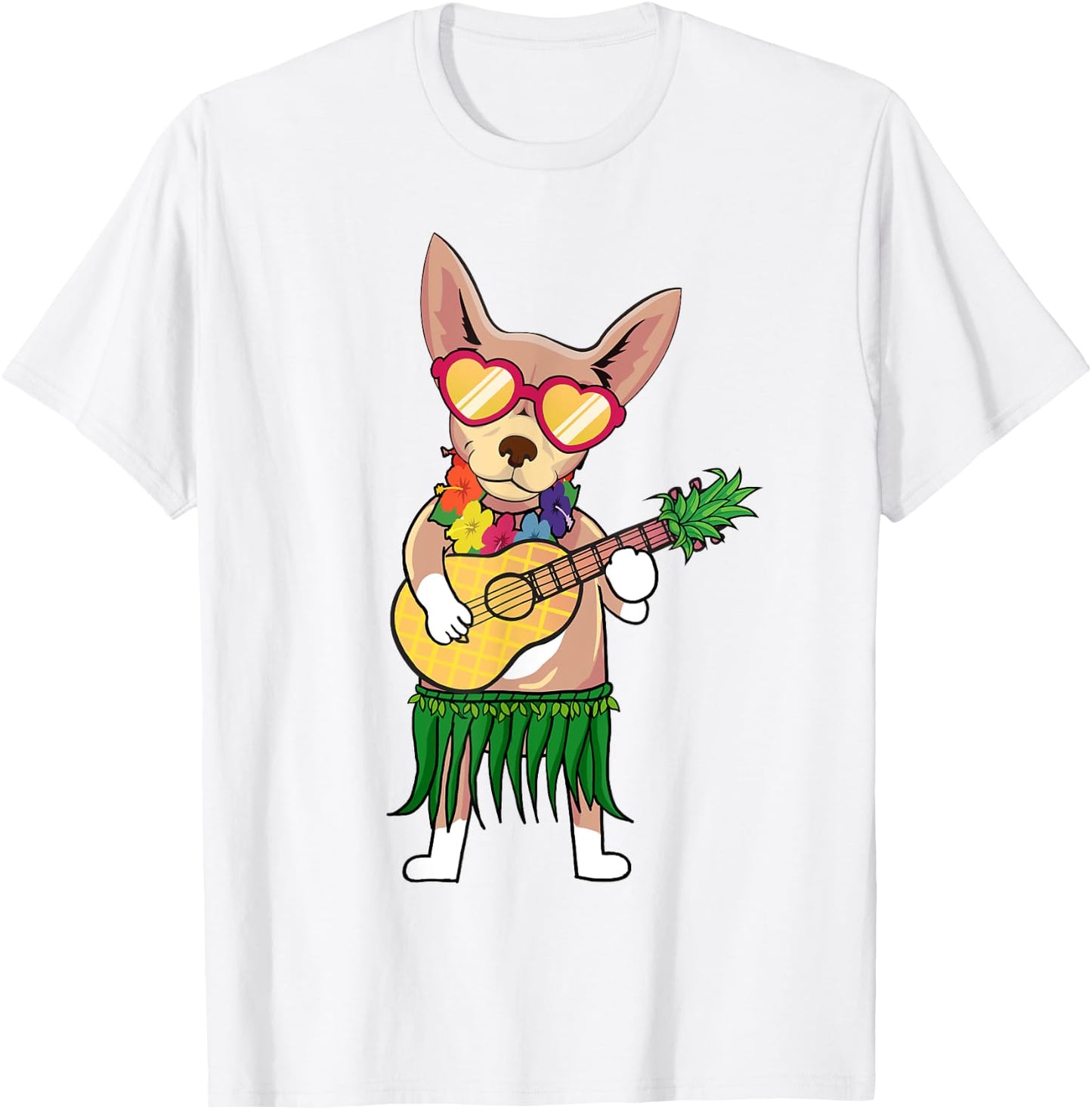 Chihuahua Hawaiian Costume Playing Ukulele Summer Shirt Women Kids T-Shirt - T-Shirt | White