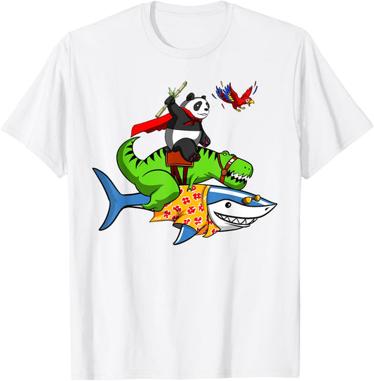 Panda Bear And T-Rex Dinosaur Riding Shark Funny Animals T-Shirt - T-Shirt | White