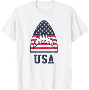 USA American Flag Shark Red White Blue 4th of July Women Kids Men T-Shirt - T-Shirt | White