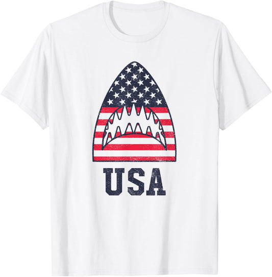 USA American Flag Shark Red White Blue 4th of July Women Kids Men T-Shirt - T-Shirt | White