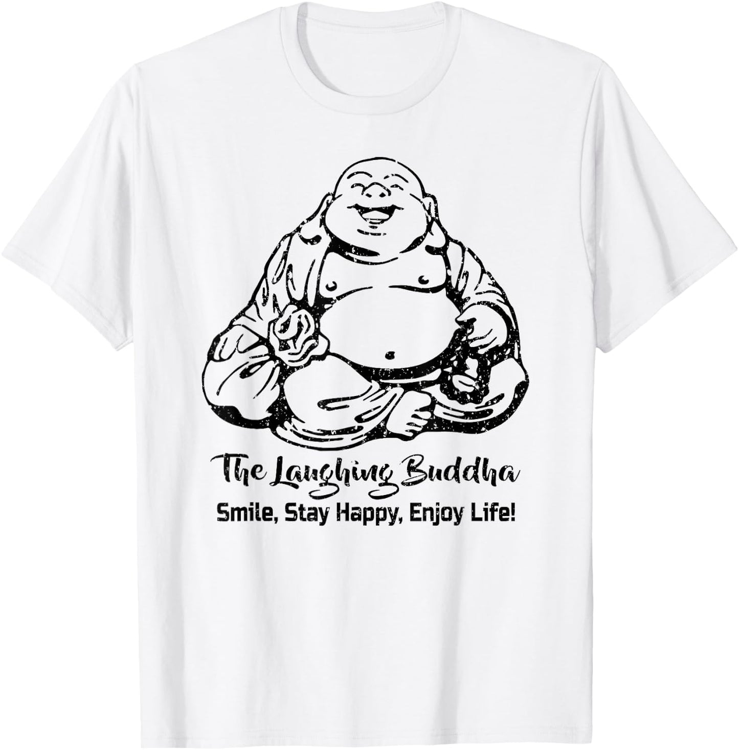The Laughing Buddha Smiling Vintage Distressed Design Look T-Shirt - T-Shirt | White