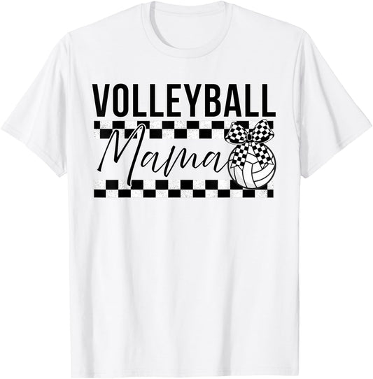 Black and White Checkered Bow Ribbon Pattern Volleyball Mama T-Shirt - T-Shirt | White