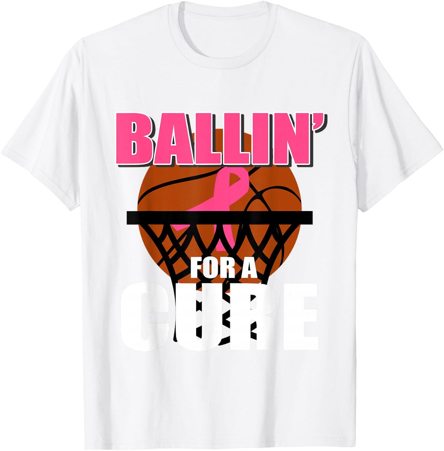 Basketball Pink Ribbon Breast Cancer Awareness Support T-Shirt - T-Shirt | White