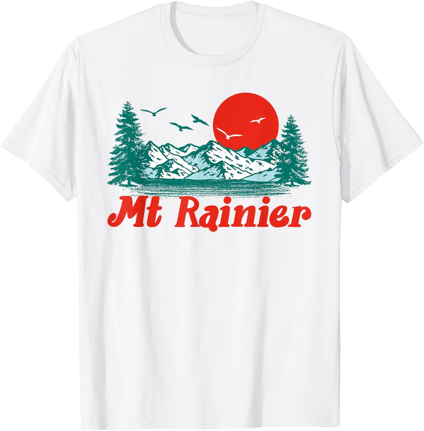 Retro Mt Rainier Mountain Trees & Sun Scene Graphic T-Shirt - T-Shirt | White
