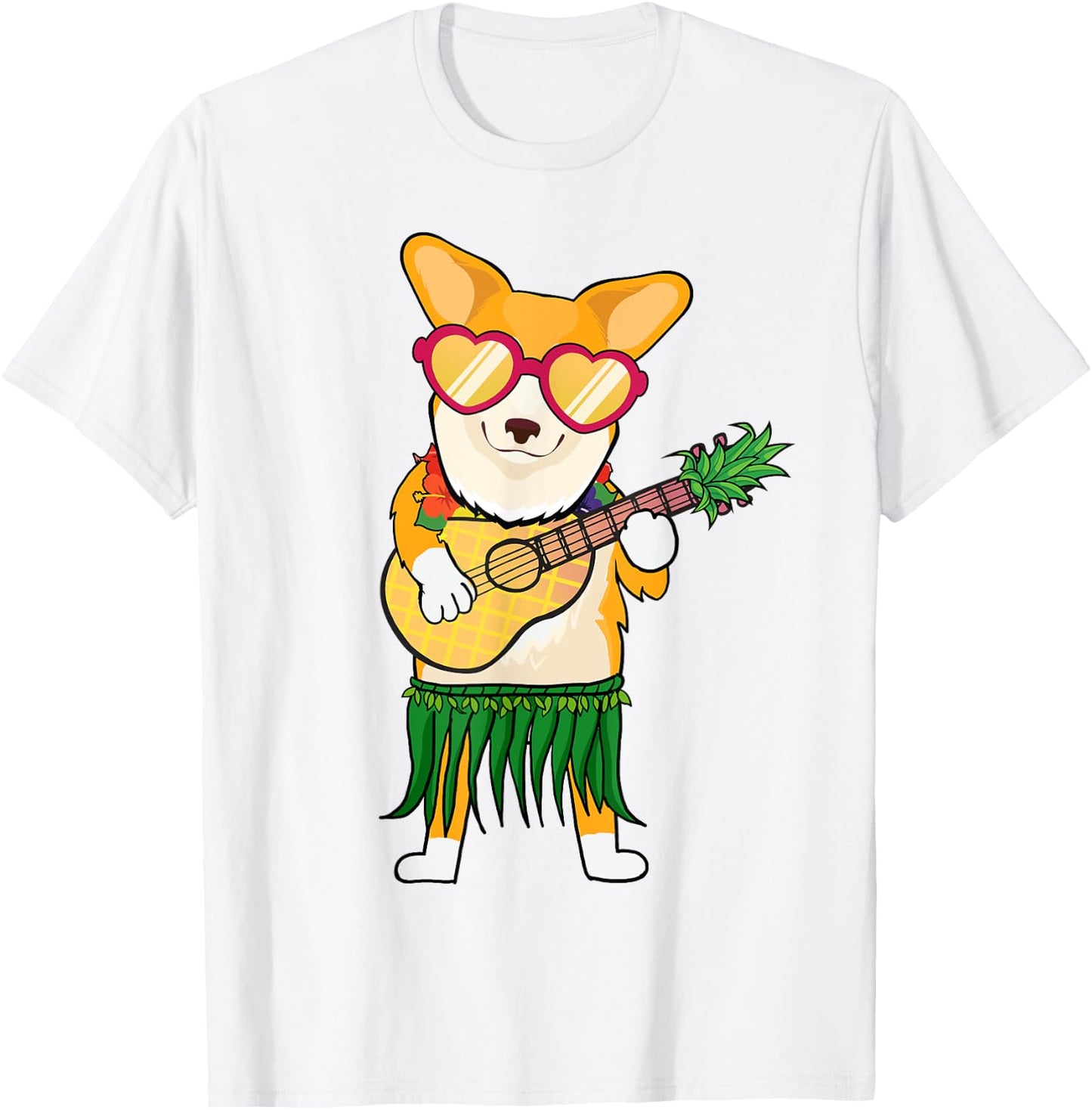 Corgi Hawaiian Costume Playing Ukulele Summer Shirt Gifts Men Women Kids T-Shirt - T-Shirt | White