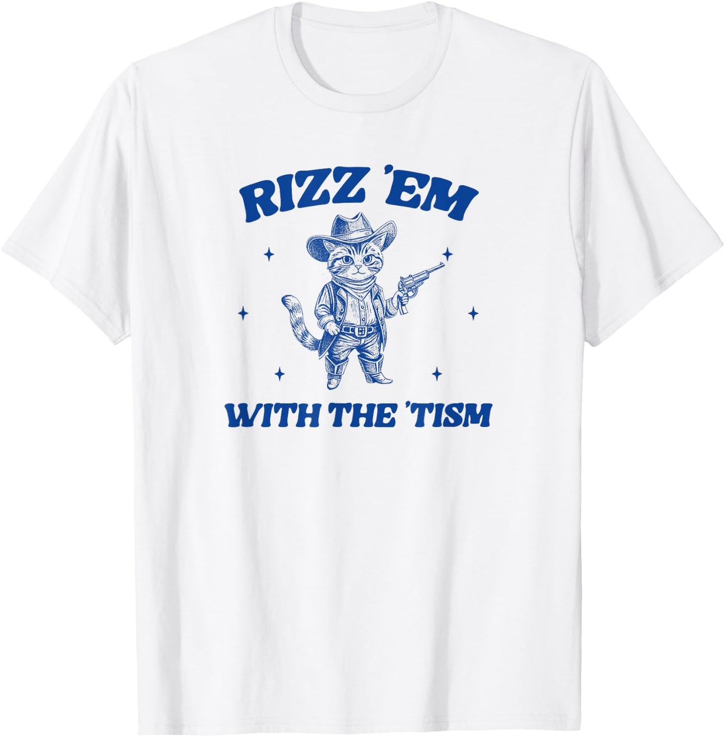 Rizz Em With The Tism, Retro Cartoon Cowboy Cat Western Cute T-Shirt - T-Shirt | White