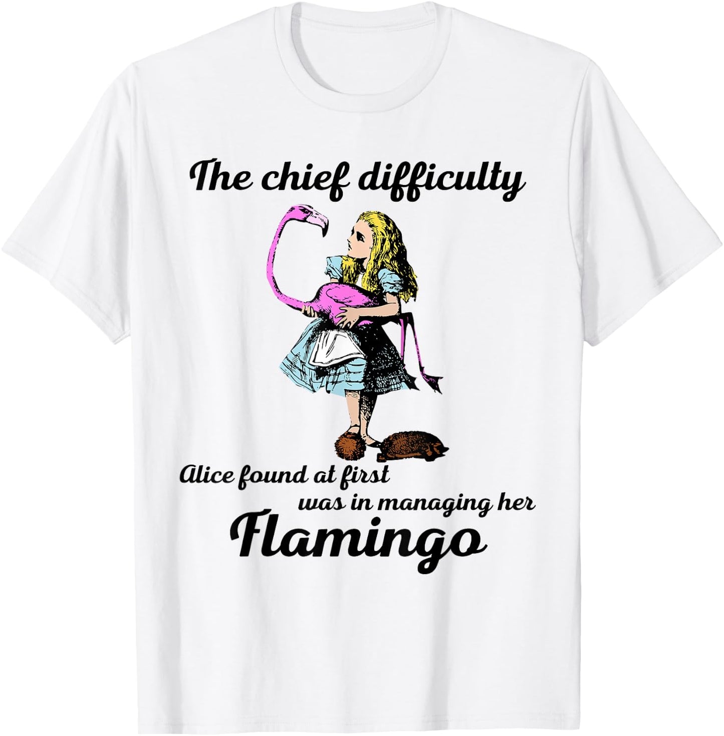 Alice Managing Flamingo Croquet Mallet And Hedgehog T Shirt T-Shirt - T-Shirt | White