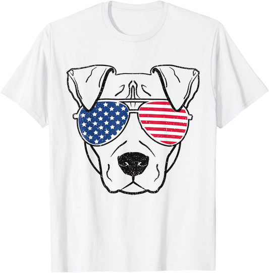 Dog Pit bull US Flag Sunglasses Graphic T Shirt T-Shirt - T-Shirt | White